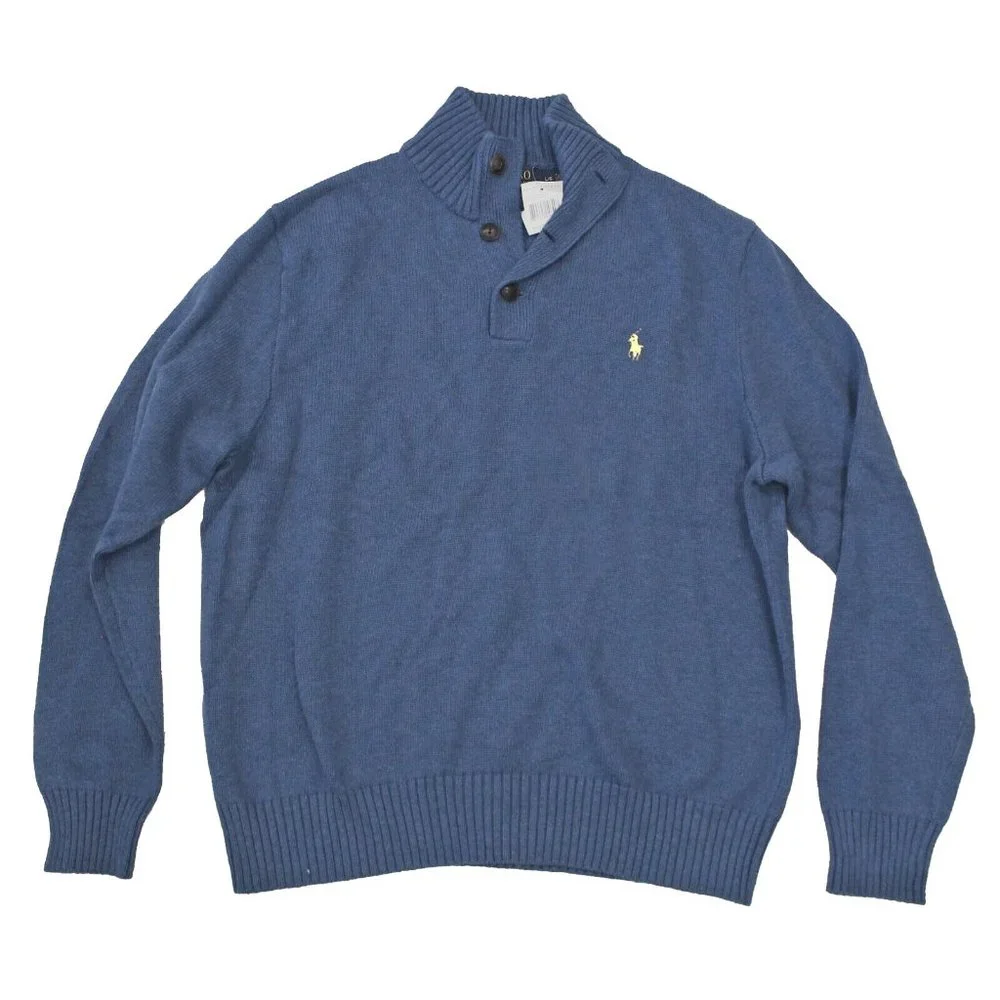 NEW Polo Ralph Lauren Mens Button Mockneck Sweater!  Denim Blue  Yellow Player